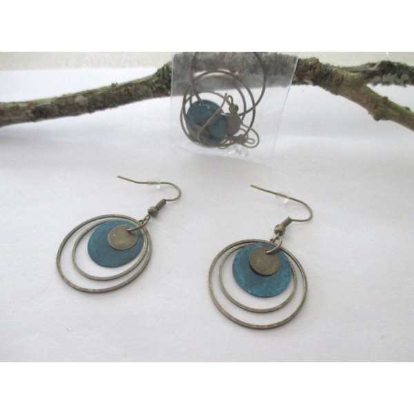 Kit de boucles d'oreilles anneaux bronze et sequin bleu - Photo n°1