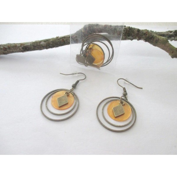 Kit de boucles d'oreilles anneaux bronze et sequin orange - Photo n°1