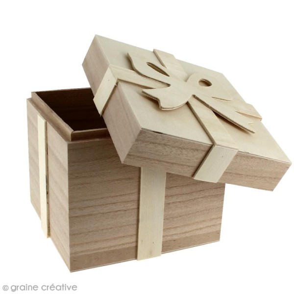 Boîte cadeau à noeud en bois à décorer - 13 x 13 x13 cm - Photo n°2