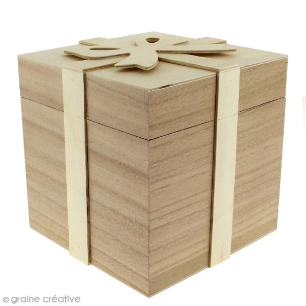 Boîte cadeau à noeud en bois à décorer - 13 x 13 x13 cm - Photo n°1