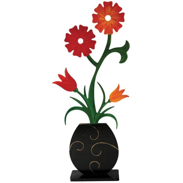 Pot de fleurs déco marguerites et tulipes en bois 30 cm avec socle - Photo n°2