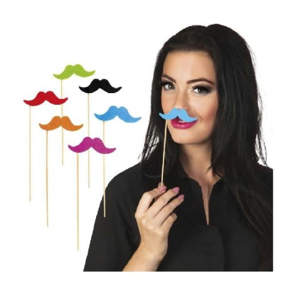 Party Moustache sur Stick Assortis (12 pièces) - Photo n°1