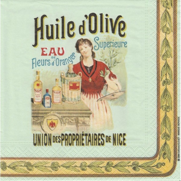4 Serviettes en papier Publicité Huile D'Olive Format Lunch Decoupage Decopatch 16013 Clouet - Photo n°1