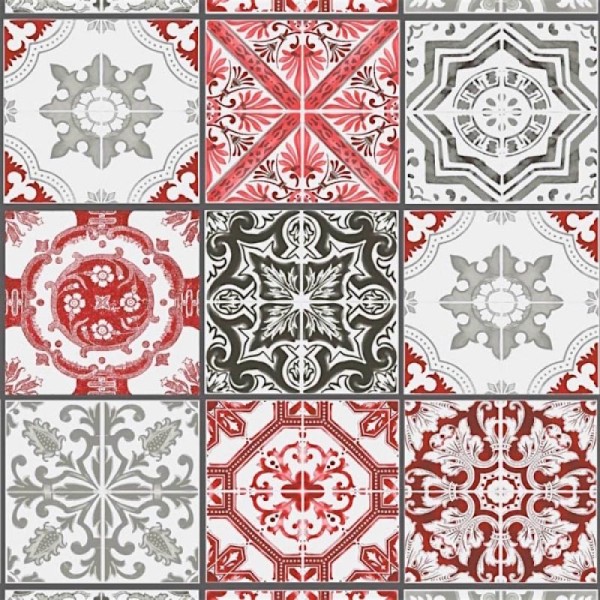 Tissu Lisbonne carreaux Azulejos rouge et gris - vendu par 25 cm - Photo n°1