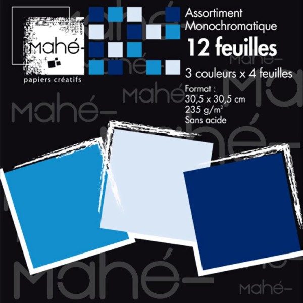Papier scrapbooking Monochrome nuances de Bleu 30,5 x 30,5 cm - 12 feuilles - Photo n°1