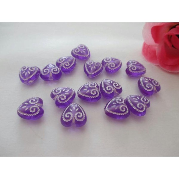 Lot de 15 perles acrylique cœur violet 11 mm - Photo n°1
