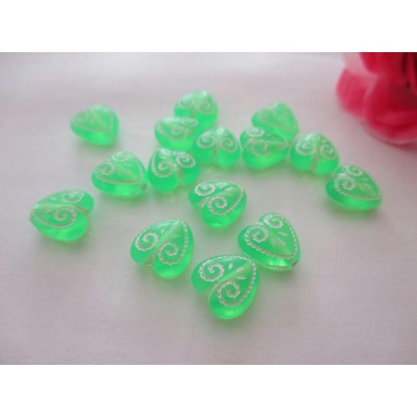 Lot de 15 perles acrylique cœur vert 11 mm - Photo n°1
