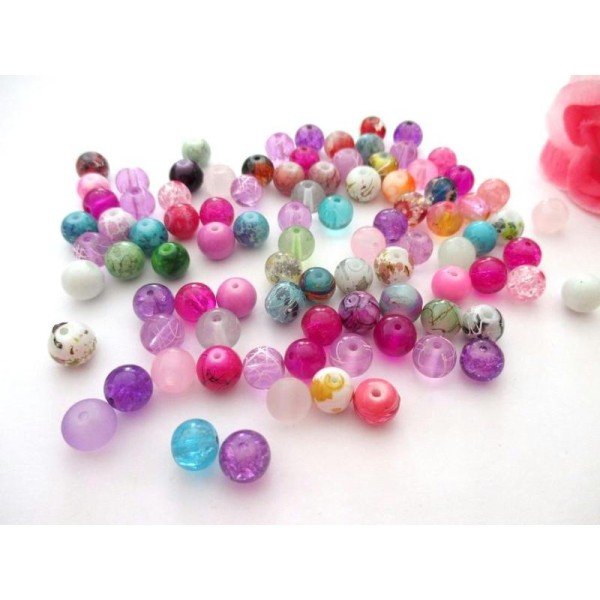 Lot de 130 perles en verre multicolore 8 mm - Photo n°1