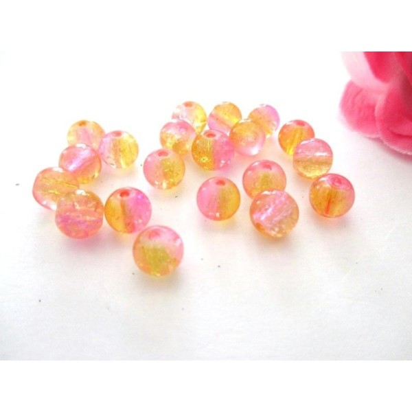Lot de 20 perles en verre craquelé rose orange 8 mm - Photo n°1