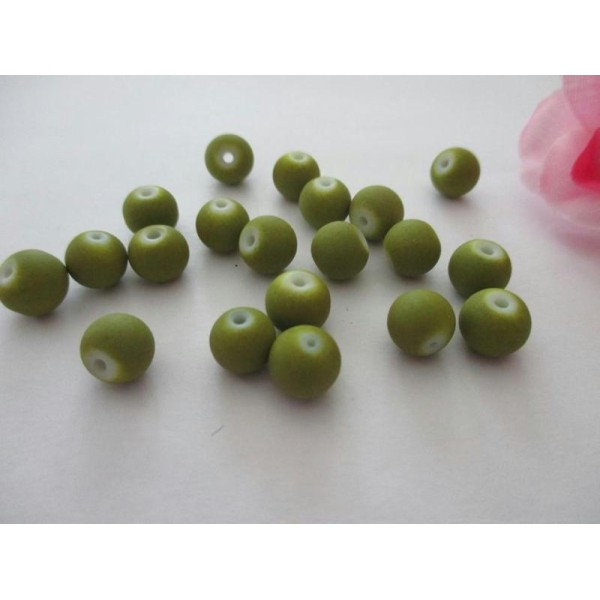 Lot de 20 perles en verre  imitation caoutchouc vert kaki 8 mm - Photo n°1