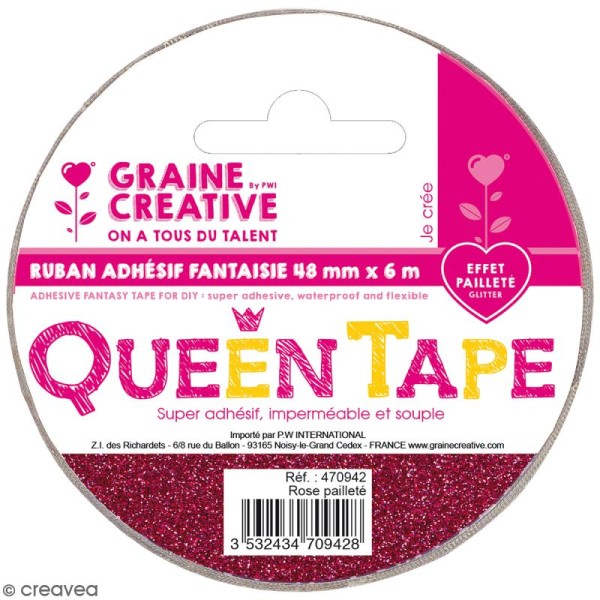 Ruban adhésif Queen Tape à paillettes Graine Créative - Rose - 48 mm x 6 m - Photo n°1
