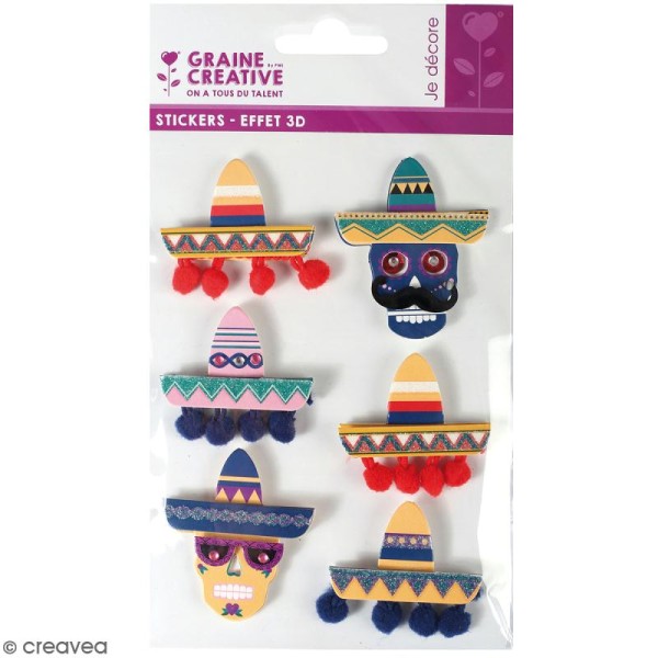 Stickers 3D - Chapeau mexicain - 6 autocollants - Photo n°1