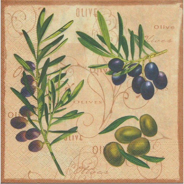 4 Serviettes en papier Branches d'olivier Olives  Format Lunch - Photo n°1