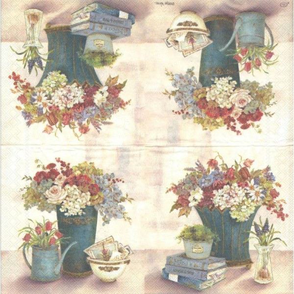 4 Serviettes en papier Pot de Fleurs Bouquet Format Lunch - Photo n°1