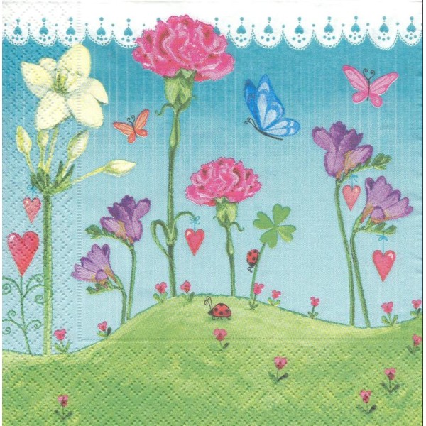 4 Serviettes en papier Jardin Fleurs Papillon Format Lunch - Photo n°1
