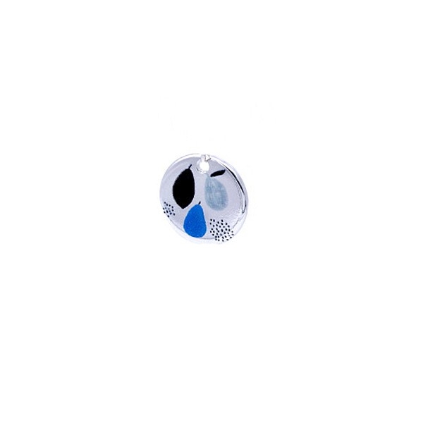 Sequin Rond 12mm Laiton Plaqué Argent Imprimé Poires Bleues - Photo n°1
