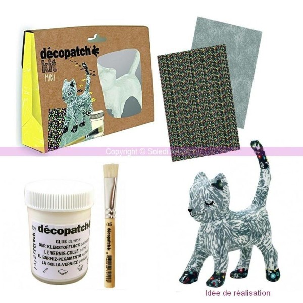 Kit Mini Créatif Décopatch Chat Gris 13,5cm en plâtre avec accessoires pinceau, feuilles et colle - Photo n°1