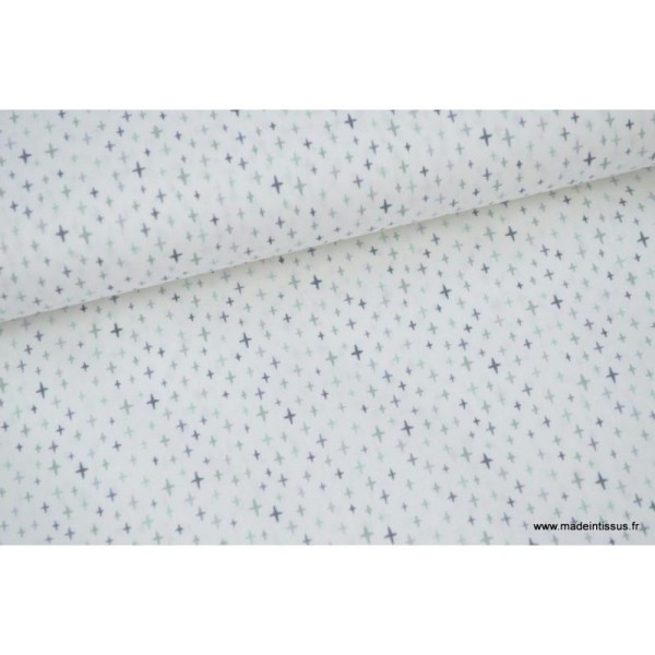 Popeline coton Pluie de croix blanc, gris et menthe .x1m - Photo n°1
