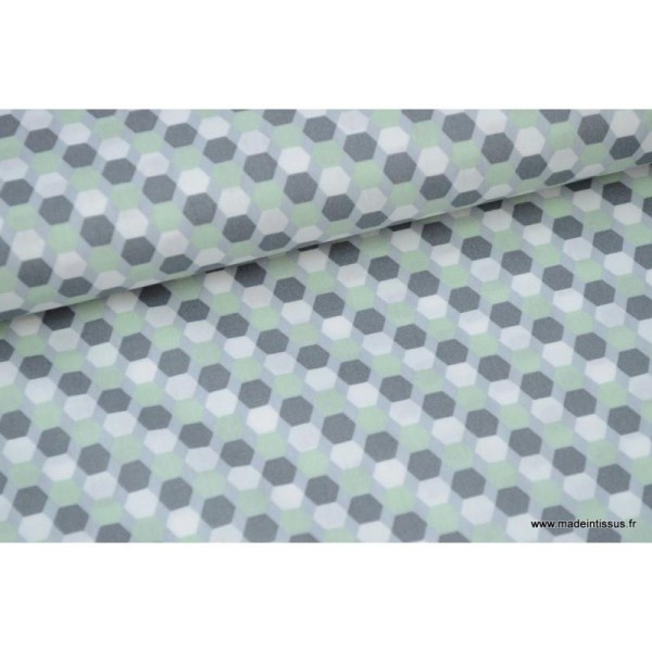 Popeline coton formes octogonales menthe et gris .x1m - Photo n°1