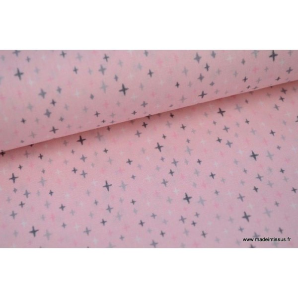 Popeline coton Pluie de croix rose et gris .x1m - Photo n°1