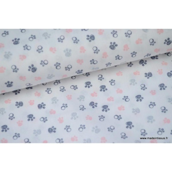 Popeline coton traces de pattes grises et roses .x1m - Photo n°1