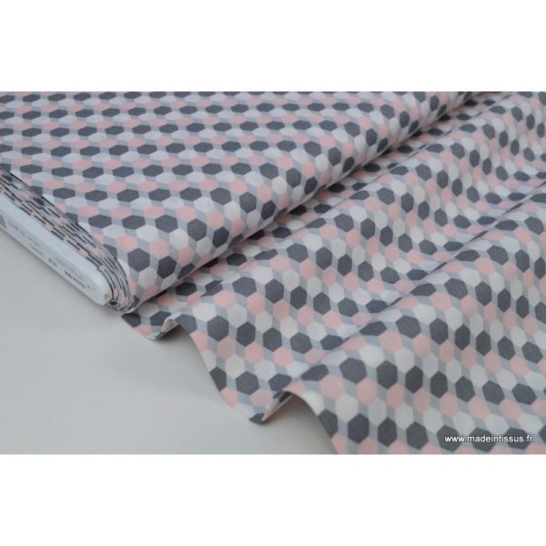 Popeline coton formes octogonales gris et rose .x1m - Photo n°2