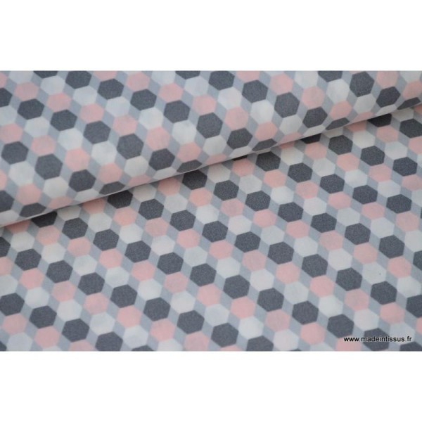Popeline coton formes octogonales gris et rose .x1m - Photo n°1