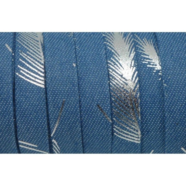 1m Lanière 10mm En Jeans Denin Coton Tissé Motif Plume Argenté Bleu - Photo n°2