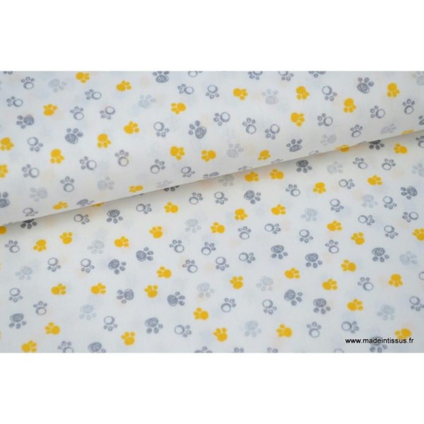 Popeline coton traces de pattes grises et moutarde .x1m - Photo n°1