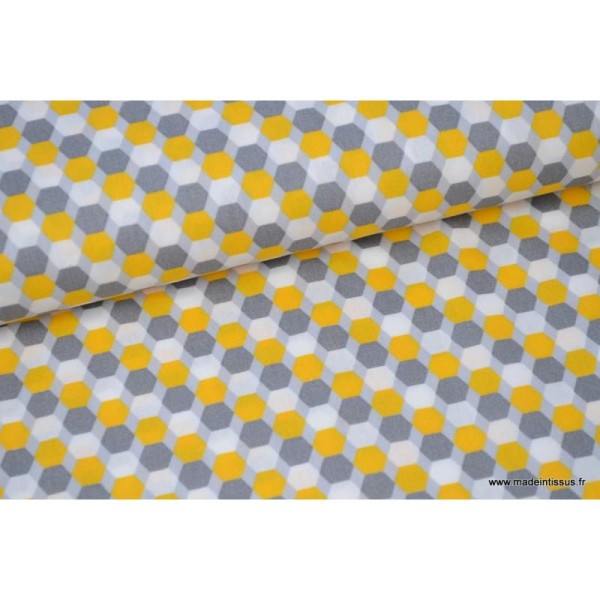 Popeline coton formes octogonales gris et jaune .x1m - Photo n°1