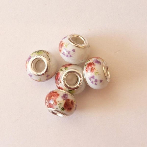 5 perles lampwork céramique style murano 1.4 cm FLEUR GRENAT - Photo n°1