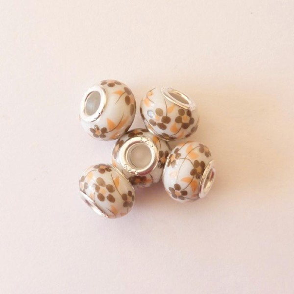 5 perles lampwork céramique style murano 1.4 cm FLEURI MARRON - Photo n°1