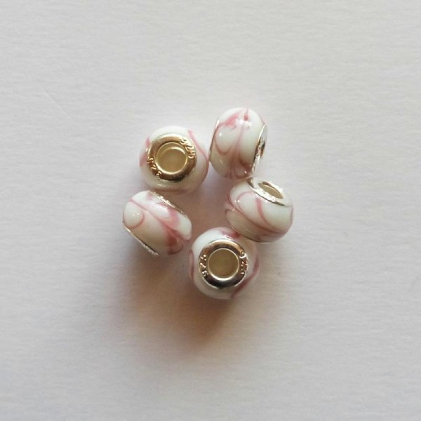 5 perles lampwork céramique style murano 1.4 cm CHAMARE ROSE BLANC - Photo n°1