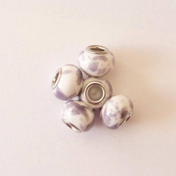 5 perles lampwork céramique style murano 1.4 cm CHAMARE BLANC MAUVE - Photo n°1