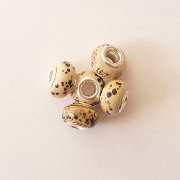 5 perles lampwork céramique style murano 1.4 cm TACHE CREME - Photo n°1