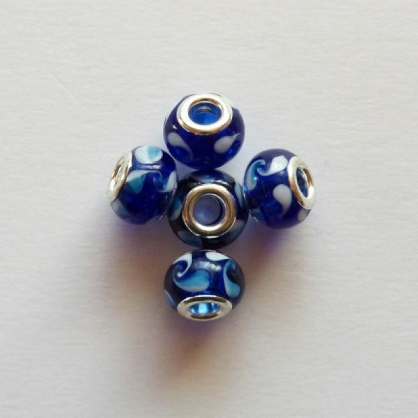 5 perles lampwork verre style murano 1.4 cm CHAMARE BLANC BLEU - Photo n°1