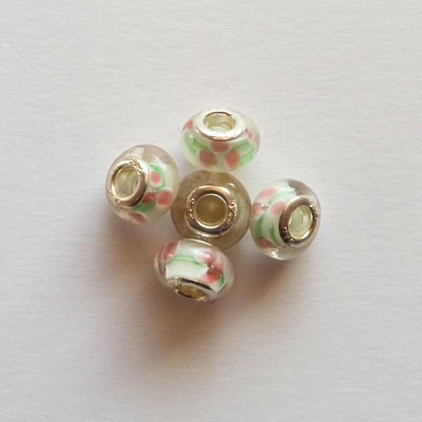 5 perles lampwork verre style murano 1.4 cm FLEUR ROSE - Photo n°1