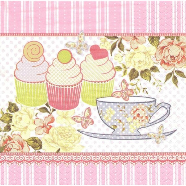 4 Serviettes en papier Thé Cupcakes Roses Format Lunch - Photo n°1