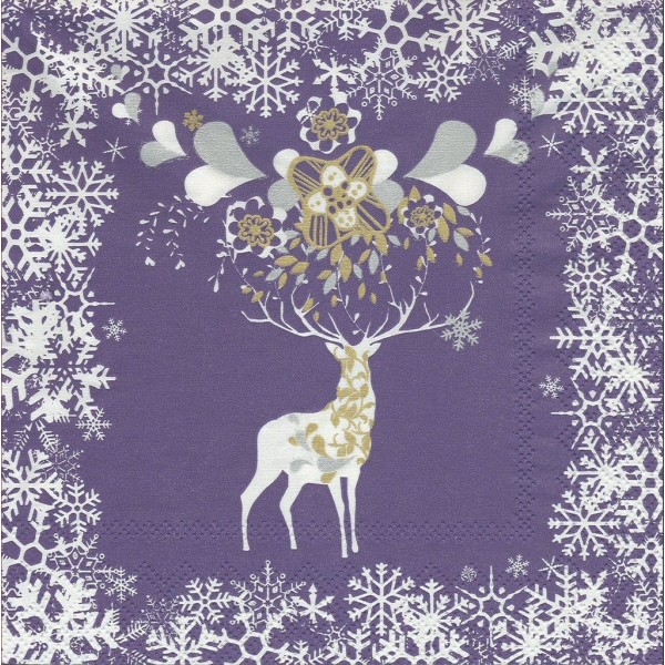 4 Serviettes en papier Cerf coeur et givre Noël violet Format Lunch Decoupage Decopatch L-482980 IHR - Photo n°1