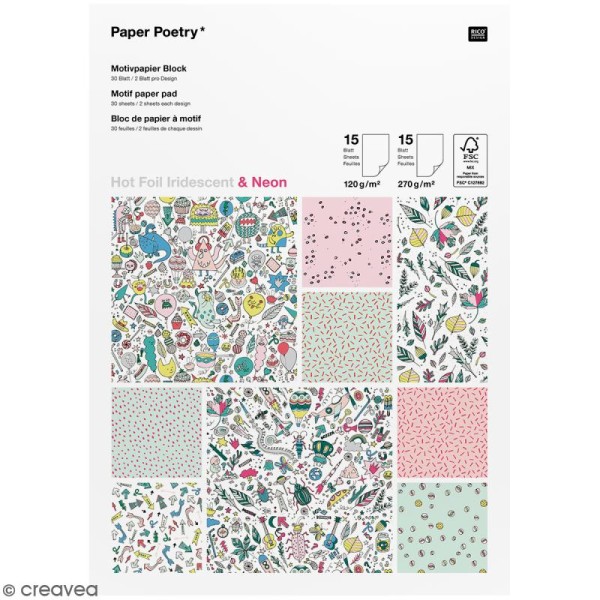 Bloc papier scrap à motif - Hot Foil Iridescent & Néon - Monster party - 30 feuilles - Photo n°1
