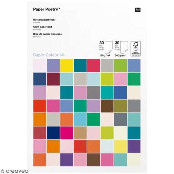 Set de Papier cartonné A4 160 g/m² et 300 g/m² - Super colour 60 - Assortiment de couleurs - 60 pcs - Photo n°1