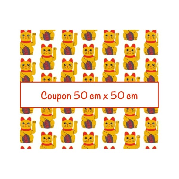 Coupon tissu Chat Chinois Maneki Neko rouge jaune - 50 cm x 50 cm - Photo n°1