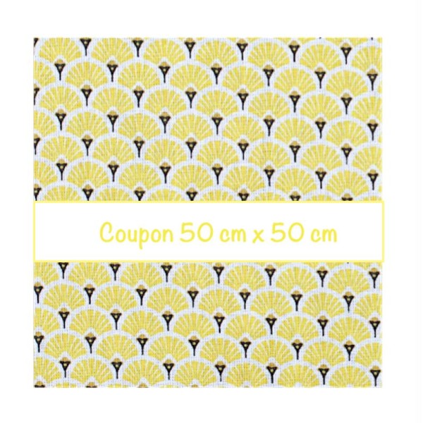 Coupon tissu éventails jaune de 50 cm x 50 cm - Photo n°1