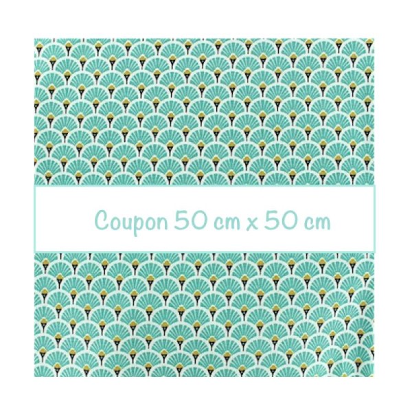 Coupon tissu éventails turquoise de 50 cm x 50 cm - Photo n°1