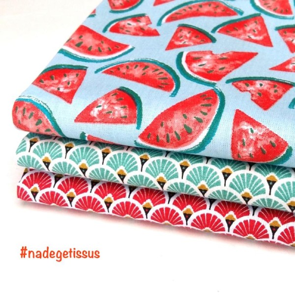 Lot 3 coupons tissu pastèques turquoise - éventails turquoise + rouge - 50 x 50 cm - Photo n°1