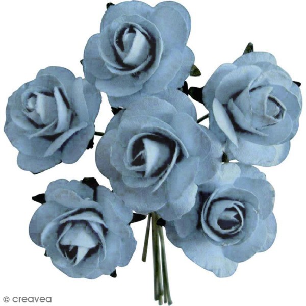 Rose en papier Bleu 11 cm - Lot de 6 - Photo n°1
