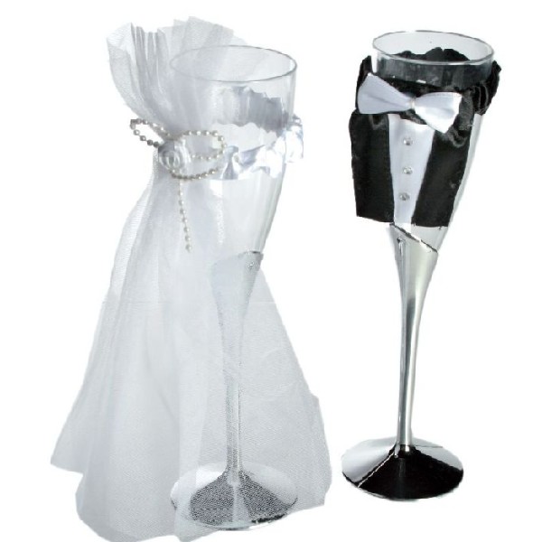 2 Coupes de champagne mariés PVC + tulle - 22 cm - Photo n°1