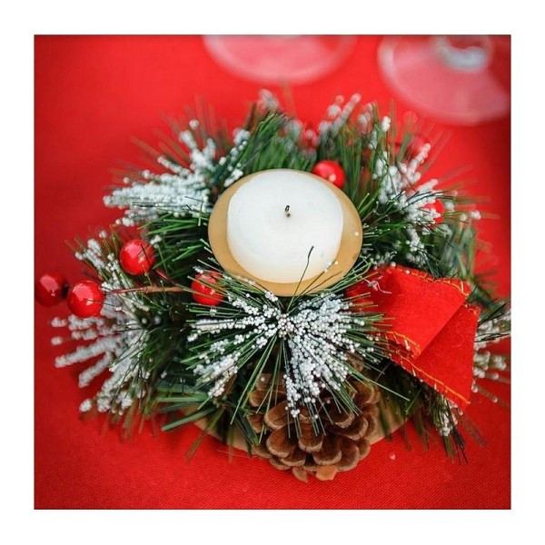 Bougeoir traditionnel de Noël, pommes de pin, baies et sapins, 15 x 7 cm,décoration hive - Photo n°1