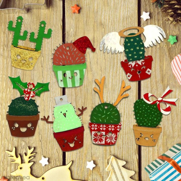 Set de formes en bois à décorer - Cactus de Noël - 7 pcs - Photo n°2