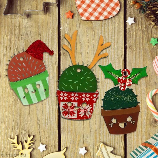 Set de formes en bois à décorer - Cactus de Noël - 7 pcs - Photo n°4
